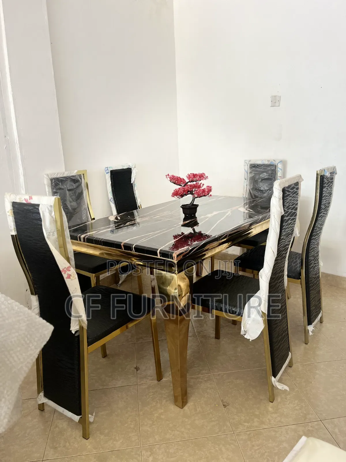 6-Seater Black Marble Gold Dining Table Set