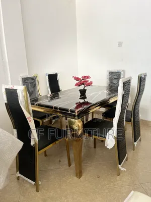6-Seater Black Marble Gold Dining Table Set