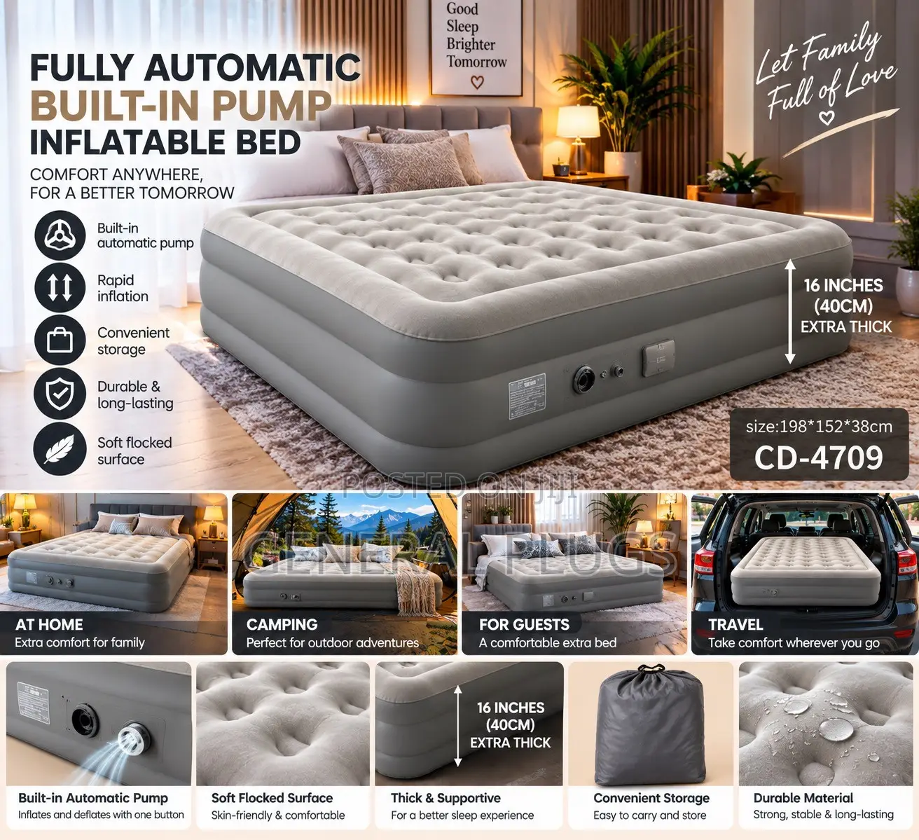 Top Notch Inbuilt Automatic Pump Inflatable Double Air Mattress