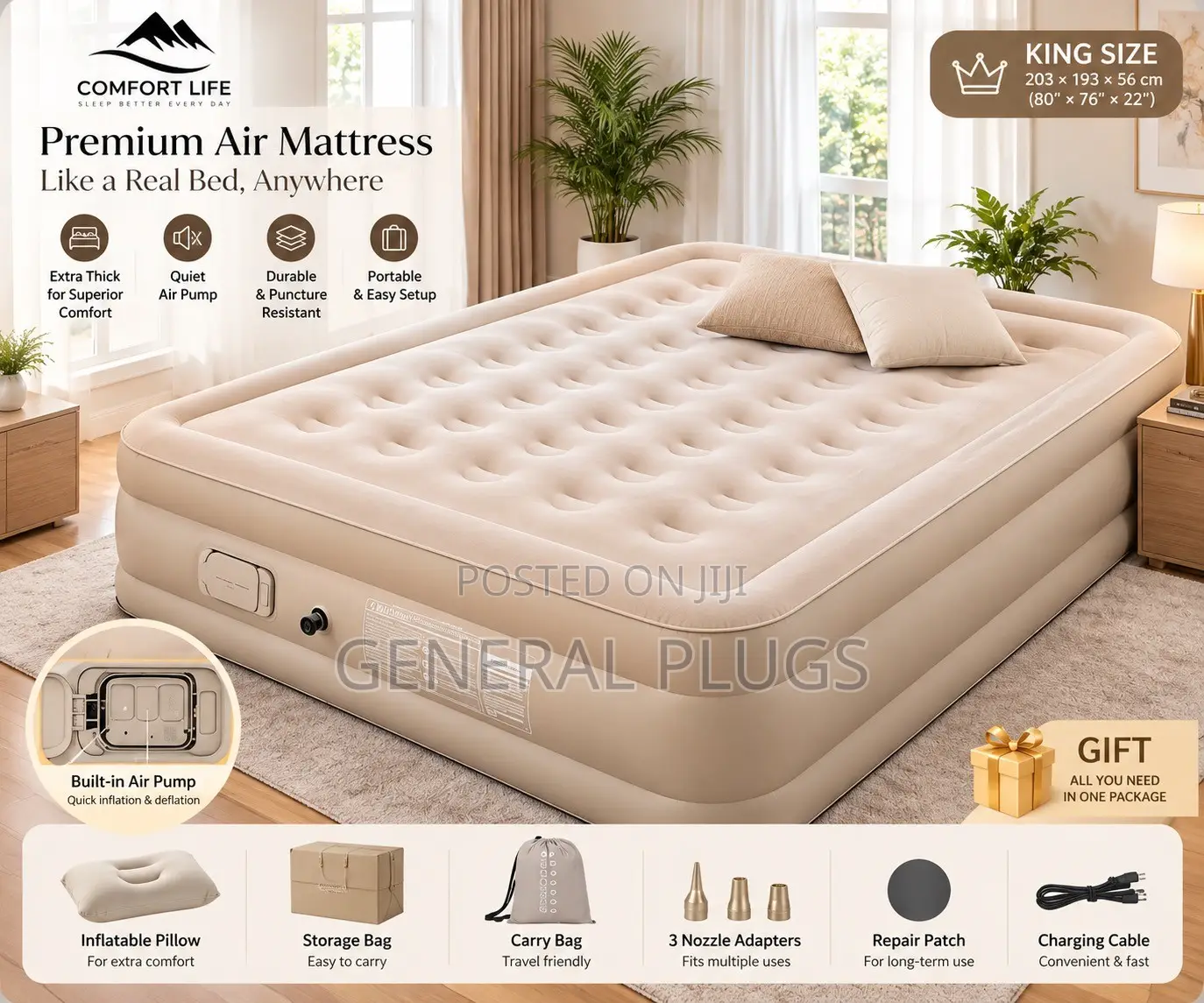 Foldable Travel Double Size Inflatable Automatic Pump Air Mattress