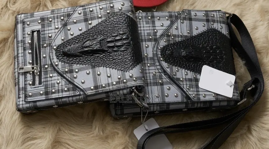 Grey Plaid Studded Crossbody Bag