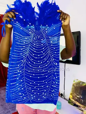 Royal Blue Pearl Rhinestone Embellished Feather Mini Dress Set