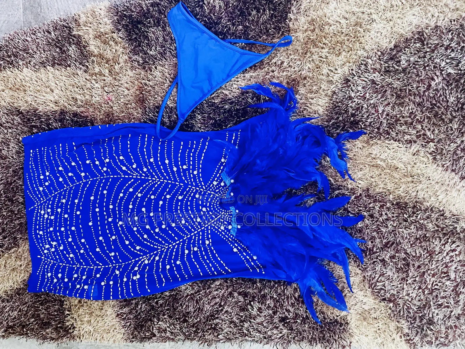 Royal Blue Pearl Rhinestone Embellished Feather Mini Dress Set