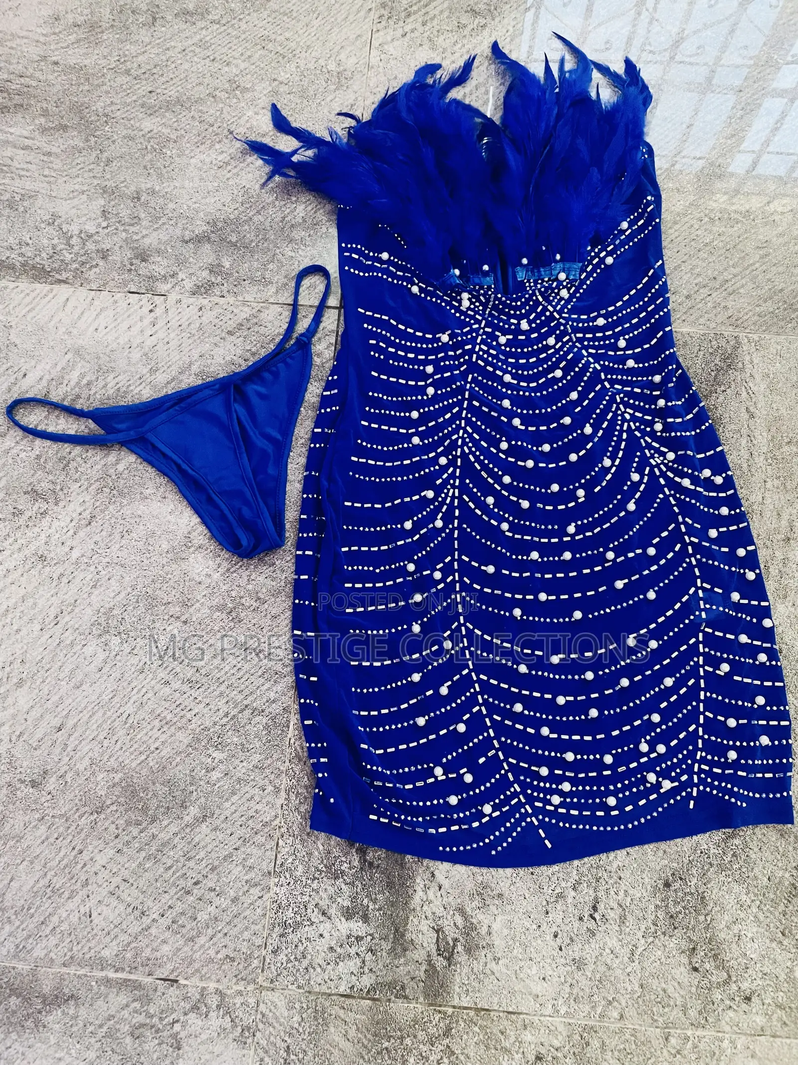 Royal Blue Pearl Rhinestone Embellished Feather Mini Dress Set