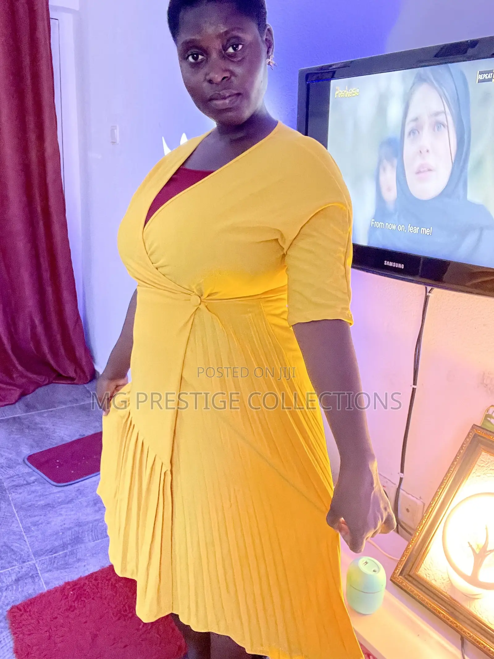 Yellow Pleated Wrap Flare Midi Dress