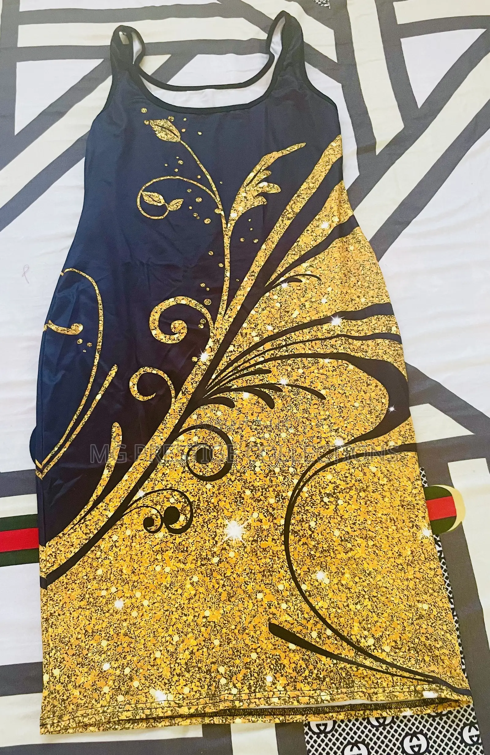 Gold Floral Print Sleeveless Bodycon Mini Dress
