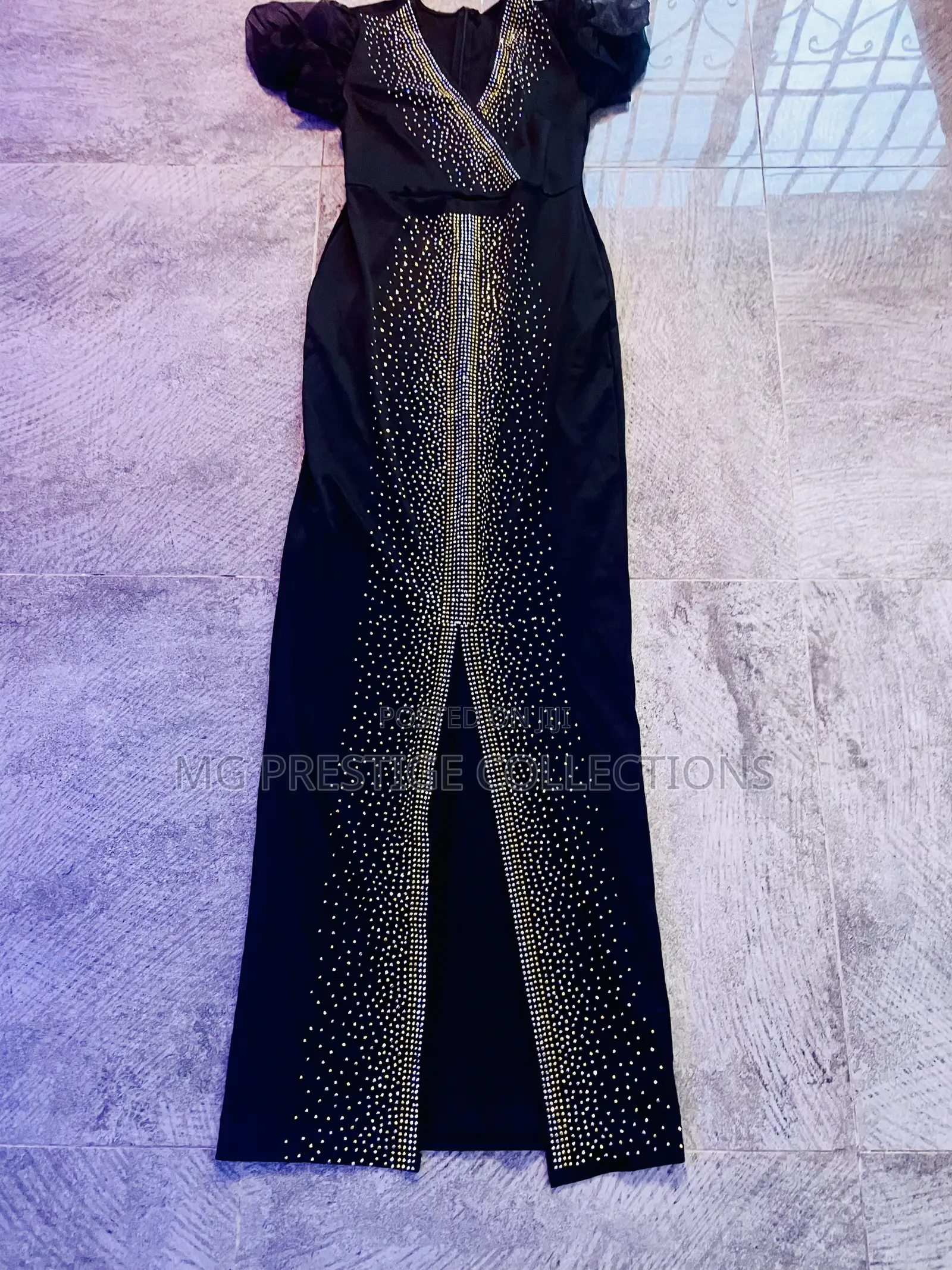 Black Rhinestone Mesh Puff Sleeve Maxi Dress