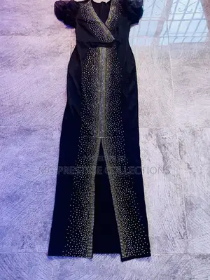 Black Rhinestone Mesh Puff Sleeve Maxi Dress