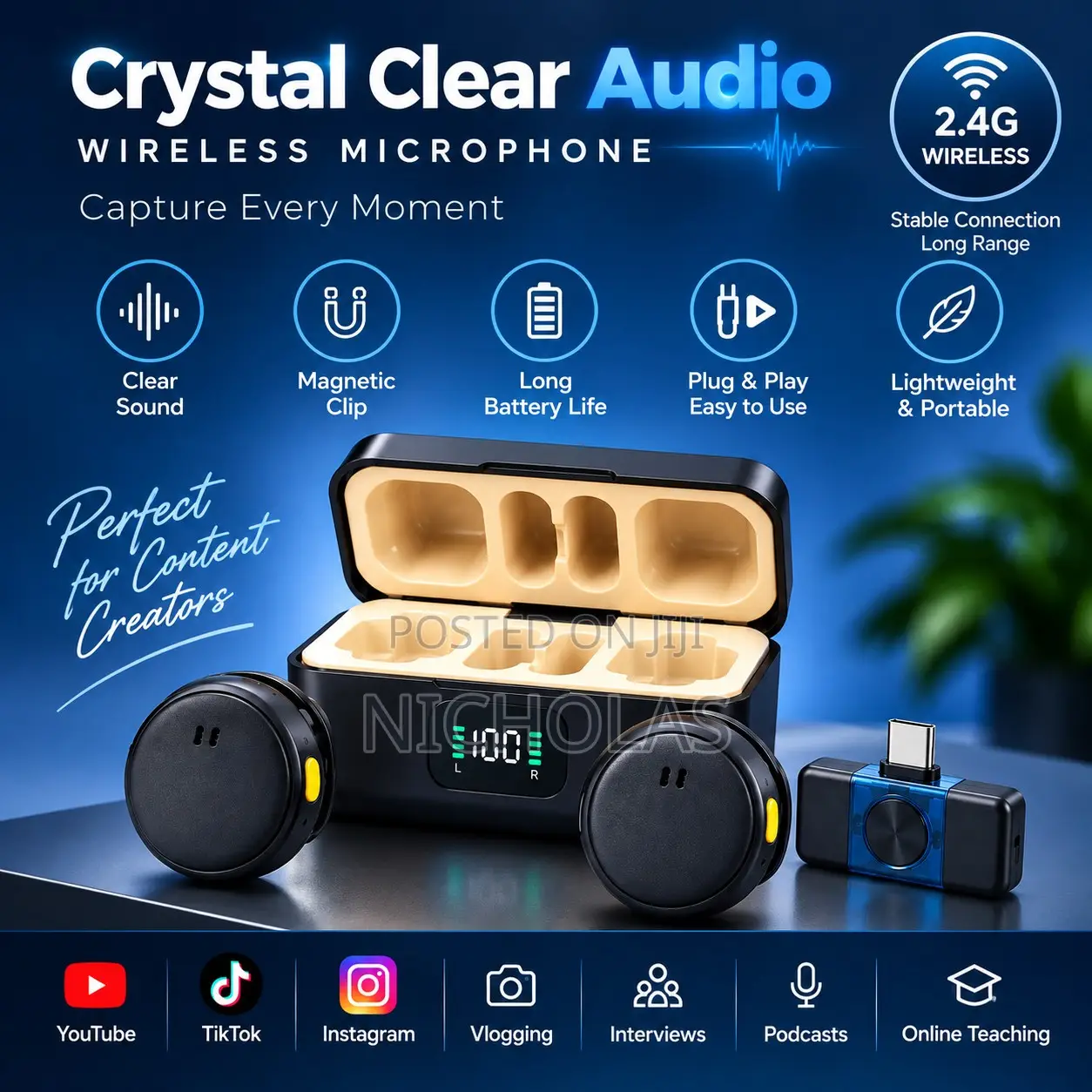 Dual Wireless Magnetic Microphone for YouTube, Vlogging Podcasts