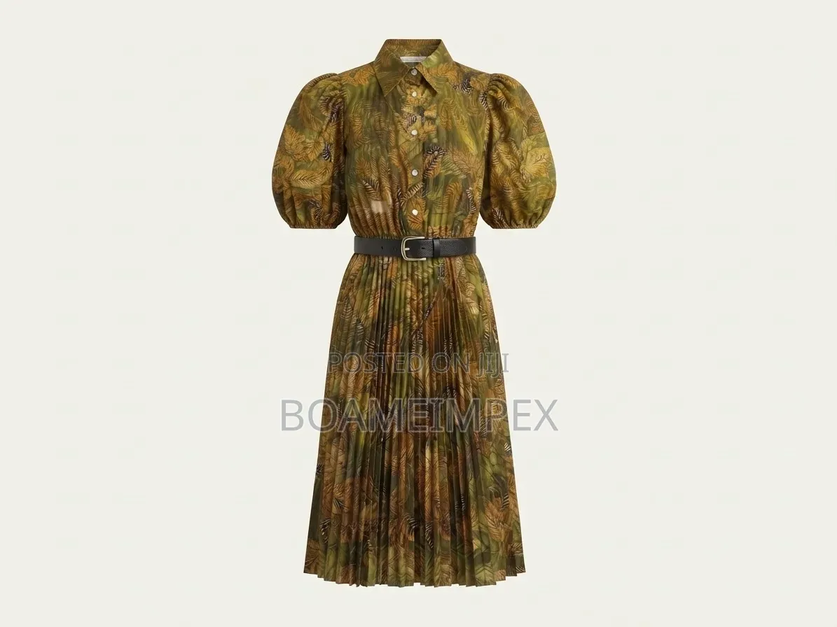 Women’s Vintage Leaf Print Pleated Midi Dress With Belt