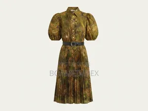 Women’s Vintage Leaf Print Pleated Midi Dress With Belt