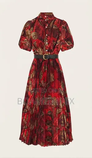 Women’s Vintage Leaf Print Pleated Midi Dress With Belt