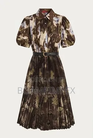 Women’s Vintage Leaf Print Pleated Midi Dress With Belt