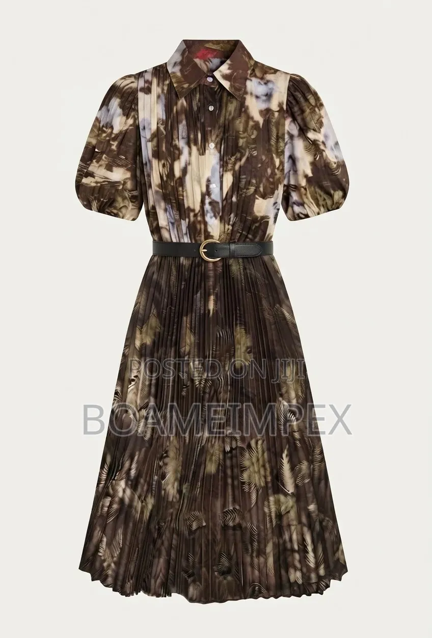 Women’s Vintage Leaf Print Pleated Midi Dress With Belt