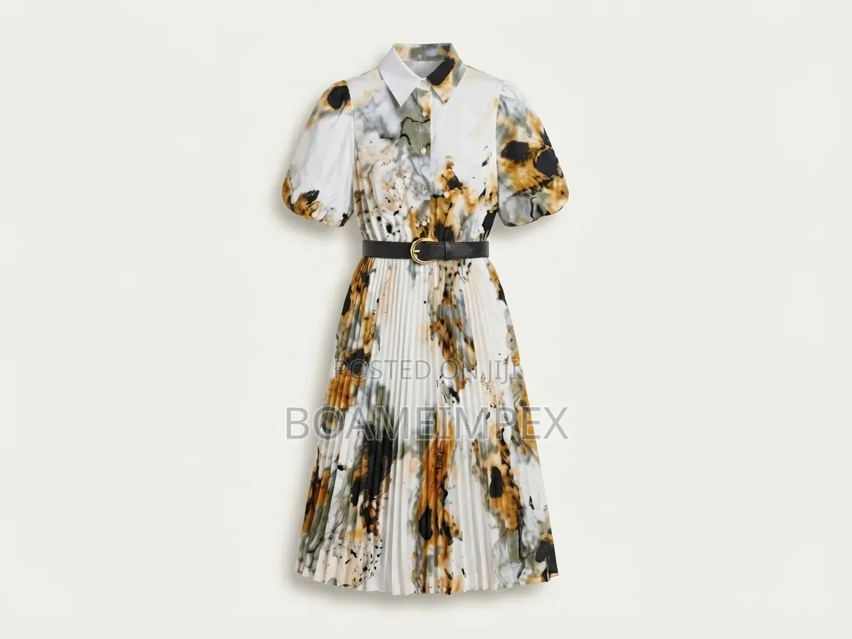 Women’s Vintage Leaf Print Pleated Midi Dress With Belt
