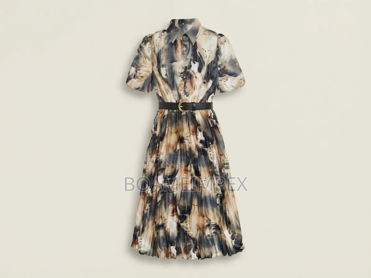 Women’s Vintage Leaf Print Pleated Midi Dress With Belt