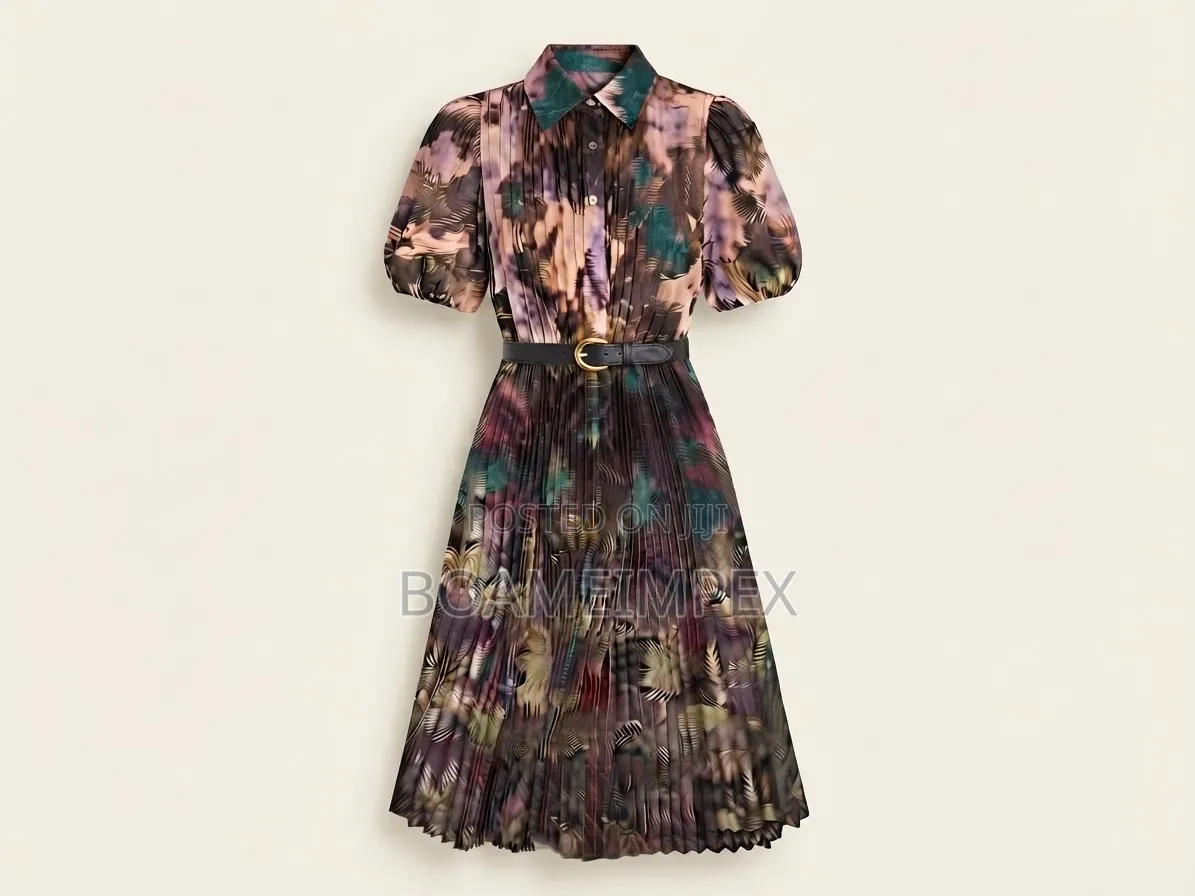 Women’s Vintage Leaf Print Pleated Midi Dress With Belt