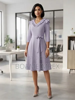 Ladies Office Wear v-Neck a-Line Midi Dress With Matching Belt