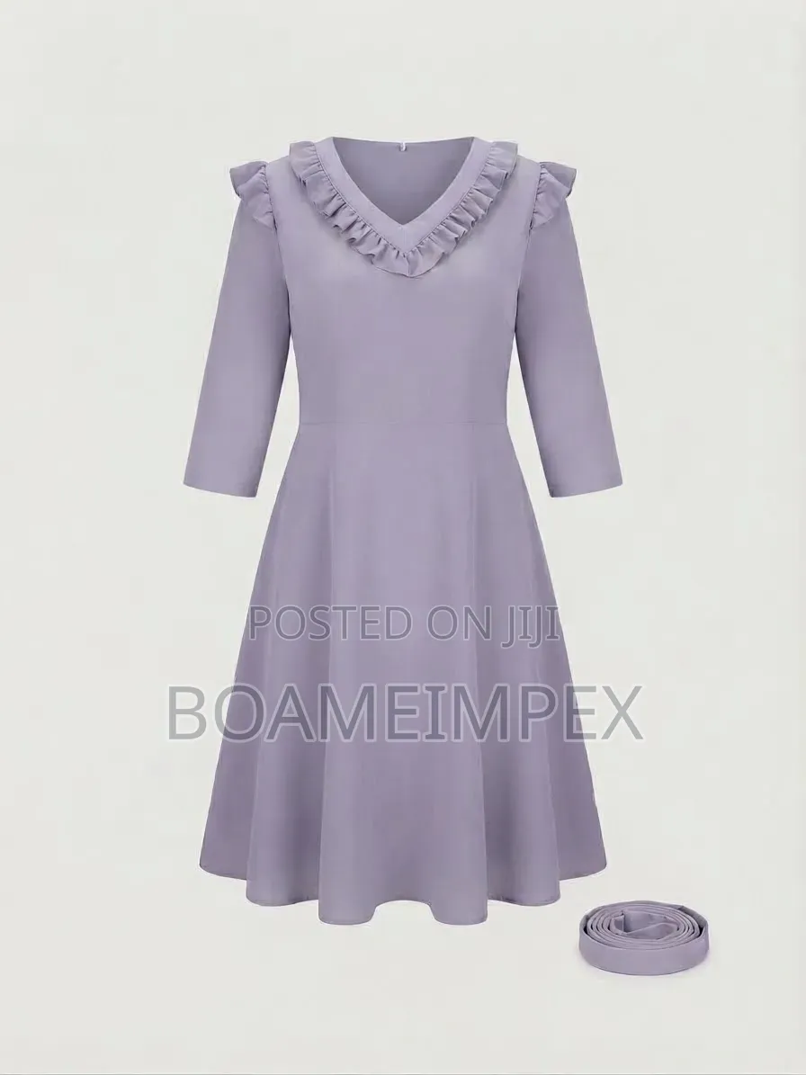 Ladies Office Wear v-Neck a-Line Midi Dress With Matching Belt