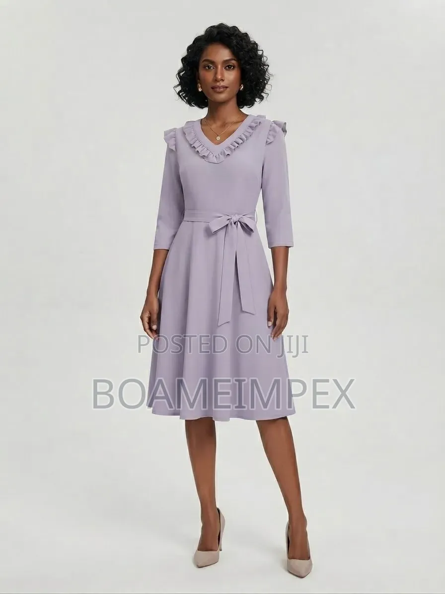 Ladies Office Wear v-Neck a-Line Midi Dress With Matching Belt