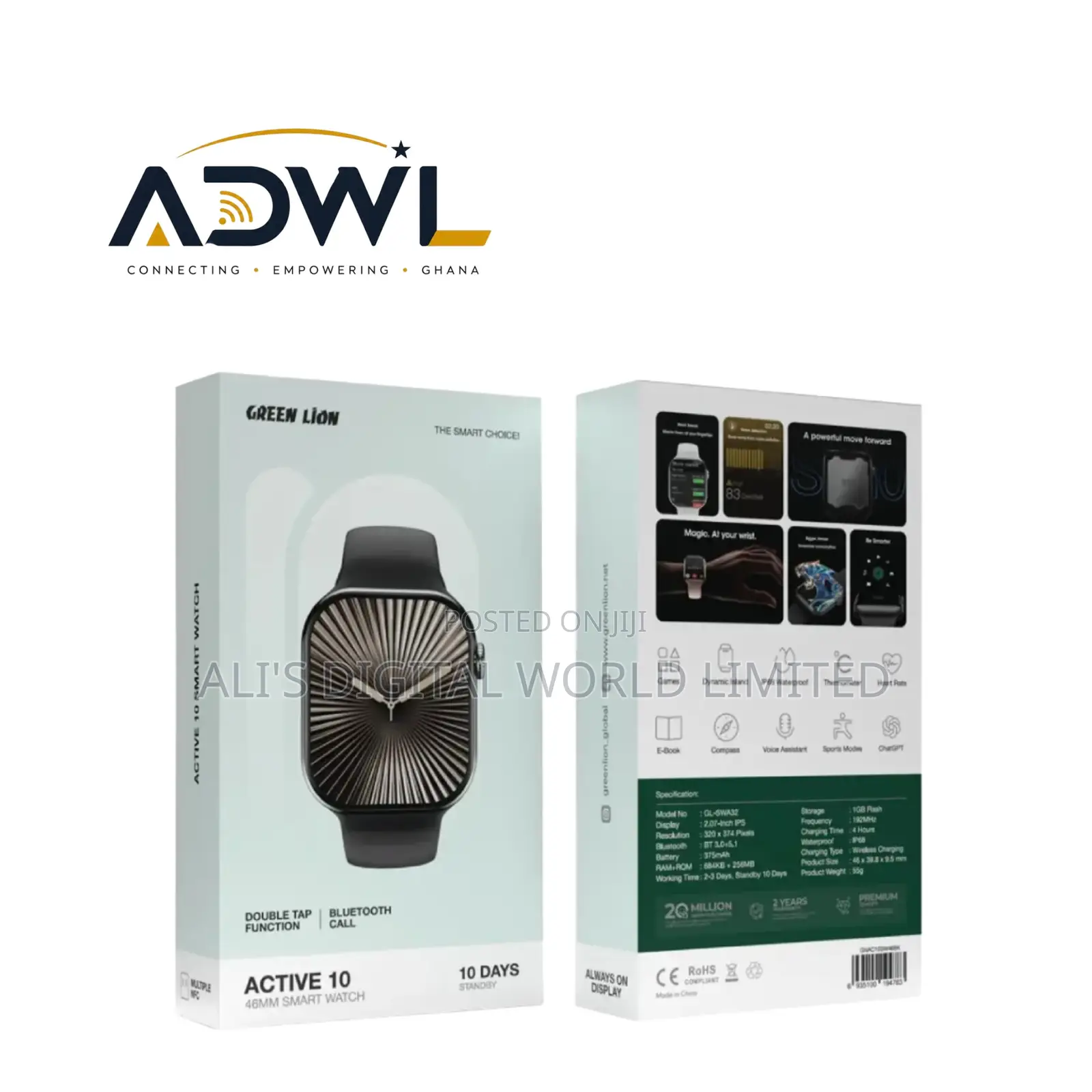Green Lion Active 10 46MM Smart Watch – Black