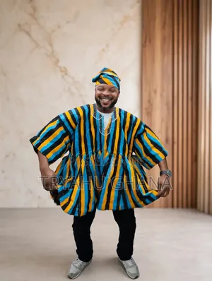Yellow- Blue Handmade Ghanaian Smock Tops for Men | Tryahu