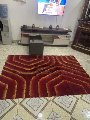 Large Premium Shaggy Area Rug – Red Gold Geometric Stripes
