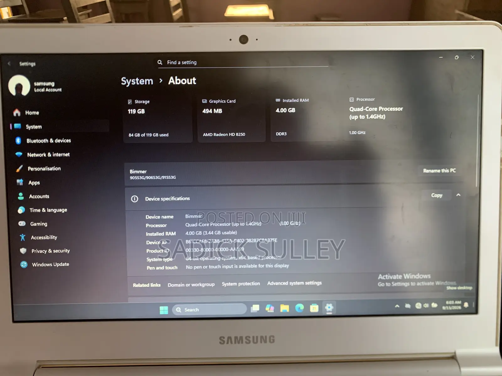 Laptop Samsung 4GB SSD 140GB