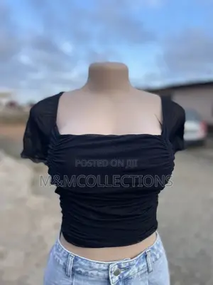 Black Ruched Square Neck Crop Top