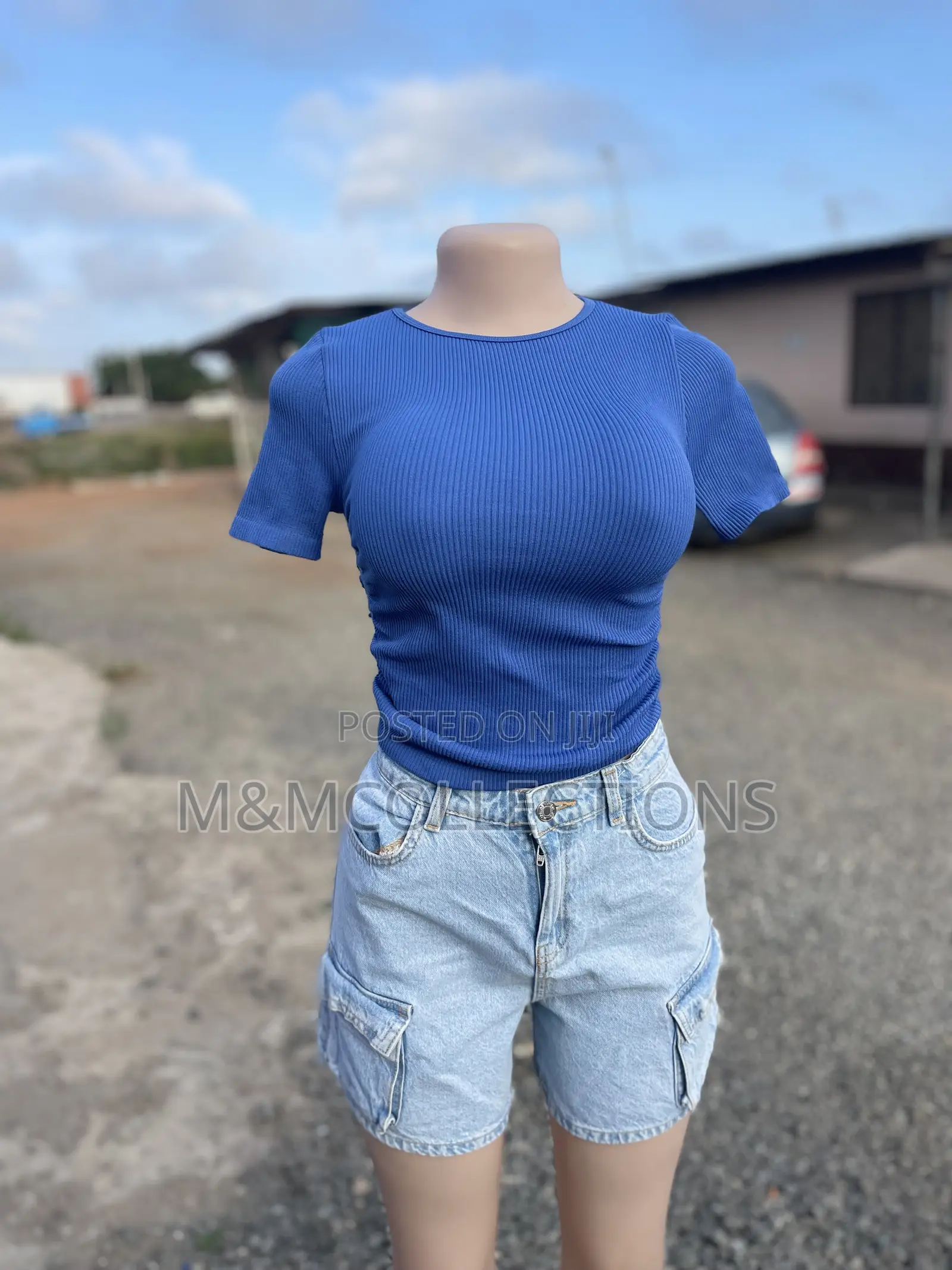 Blue Ribbed Short Sleeve Fitted Top