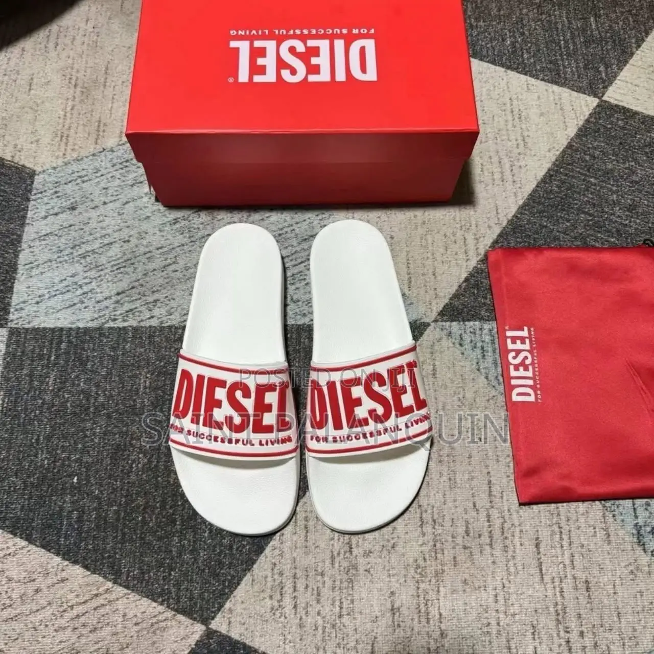 Pair of White Diesel Sa-Mayemi Slide Sandals With Prominent Red Logo