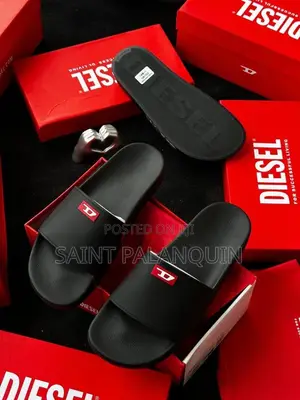 Black Diesel Pool Slides Red and White "D" Logo on the Upper Strap