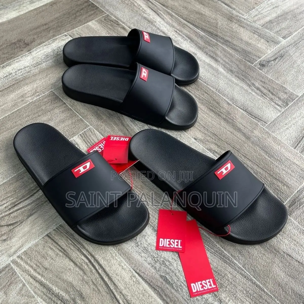 Black Diesel Pool Slides Red and White "D" Logo on the Upper Strap