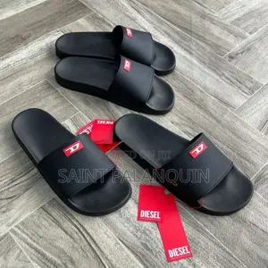 Black Diesel Pool Slides Red and White "D" Logo on the Upper Strap