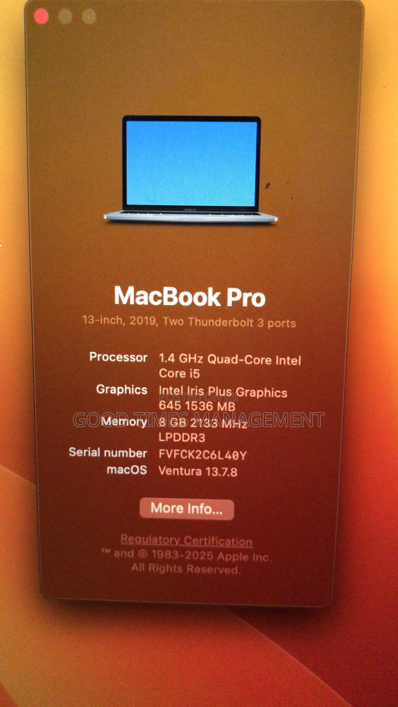 Laptop Apple MacBook Pro 2019 8GB Intel Core i5 SSD 256GB