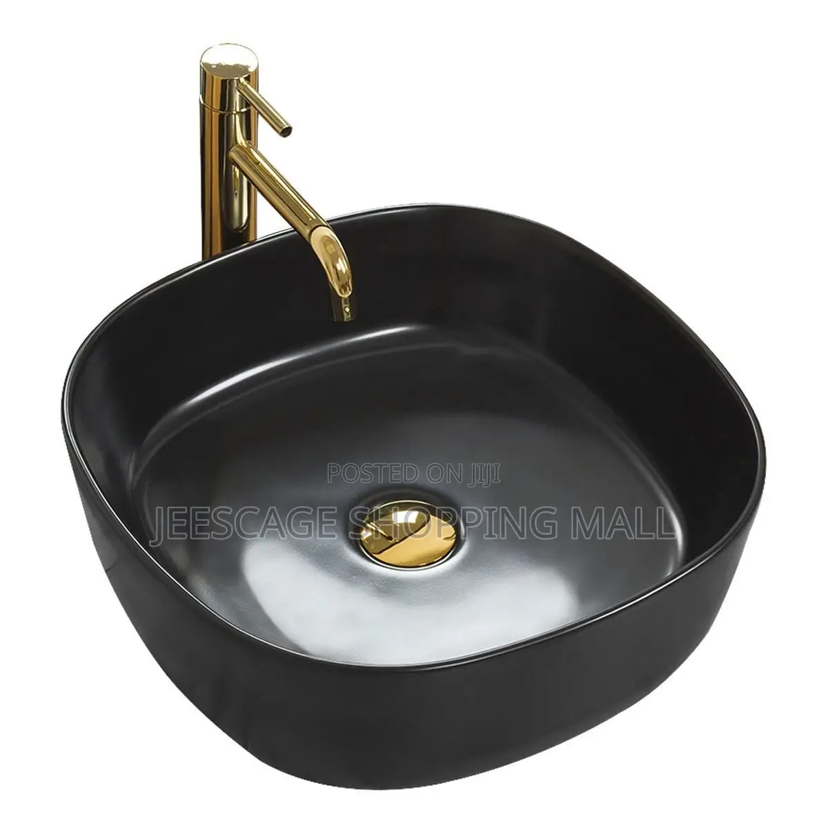 Modern Black Ceramic Vessel Sink With Gold Faucet and Drain Combo