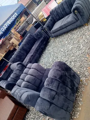 Luxury Channel Tufted Navy Velvet Sofa Set With Gold Accents.
