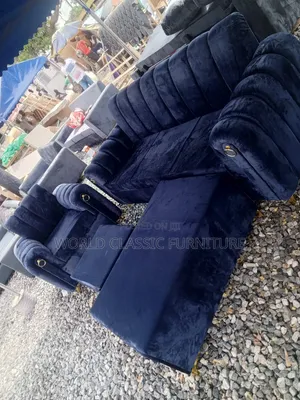 Luxury Channel Tufted Navy Velvet Sofa Set With Gold Accents.