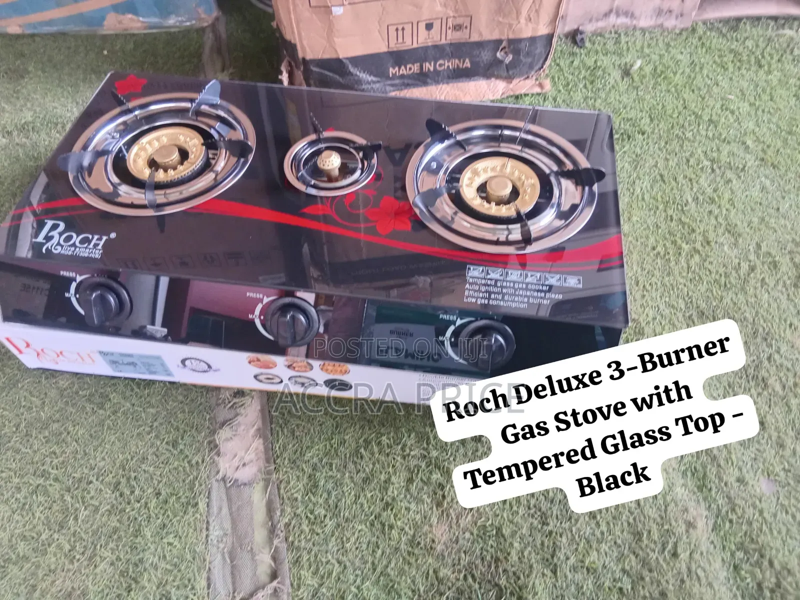 Roch Deluxe 3-Burner Gas Stove With Tempered Glass Top – Black Quality