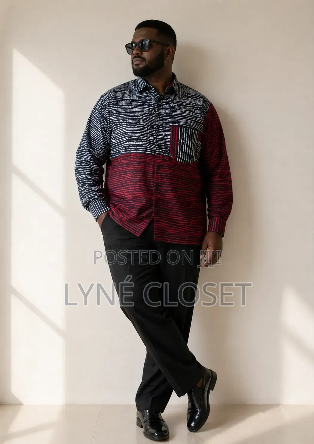 Men’S Long-Sleeve Shirt XXL– Red Wine, Black and White