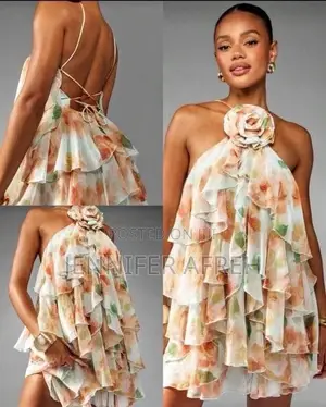 Ruffled Halter Mini Dress With Floral Appliqué Open Bac