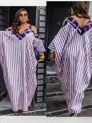 Striped Cold-Shoulder Kaftan / Slit-Sleeve Maxi Boubou