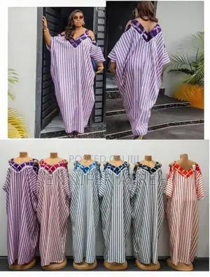 Striped Cold-Shoulder Kaftan / Slit-Sleeve Maxi Boubou