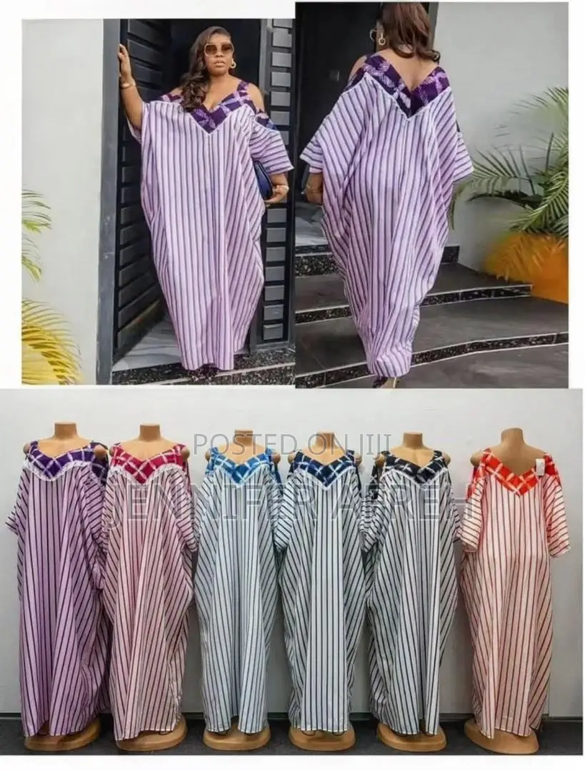 Striped Cold-Shoulder Kaftan / Slit-Sleeve Maxi Boubou