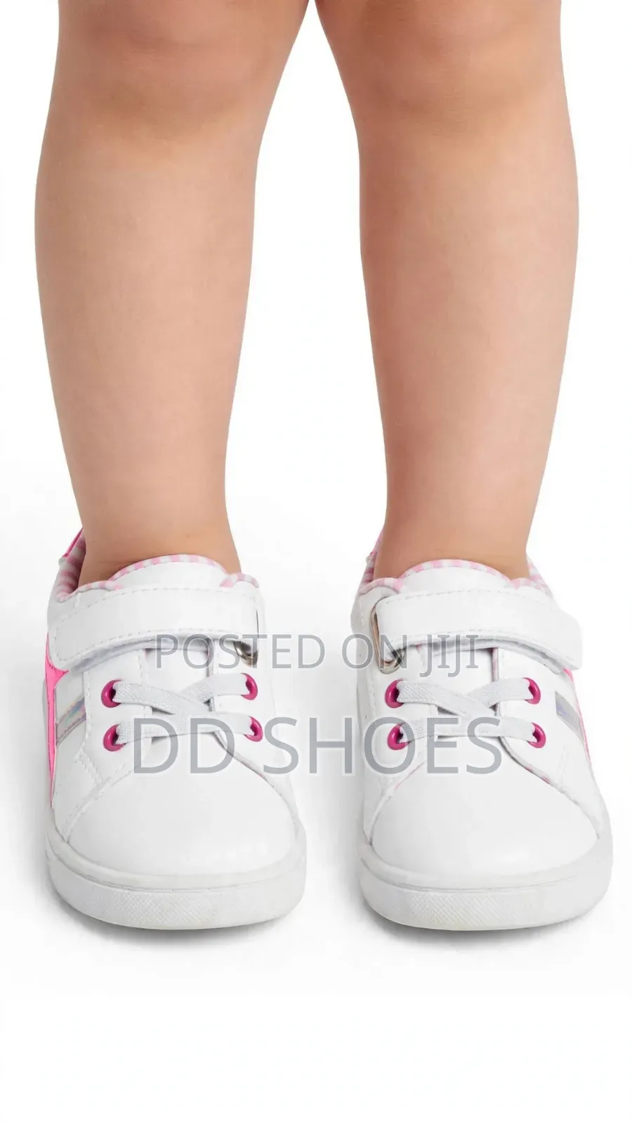 White Baby Girls Sneakers With Pink Side Stripe and Velcro