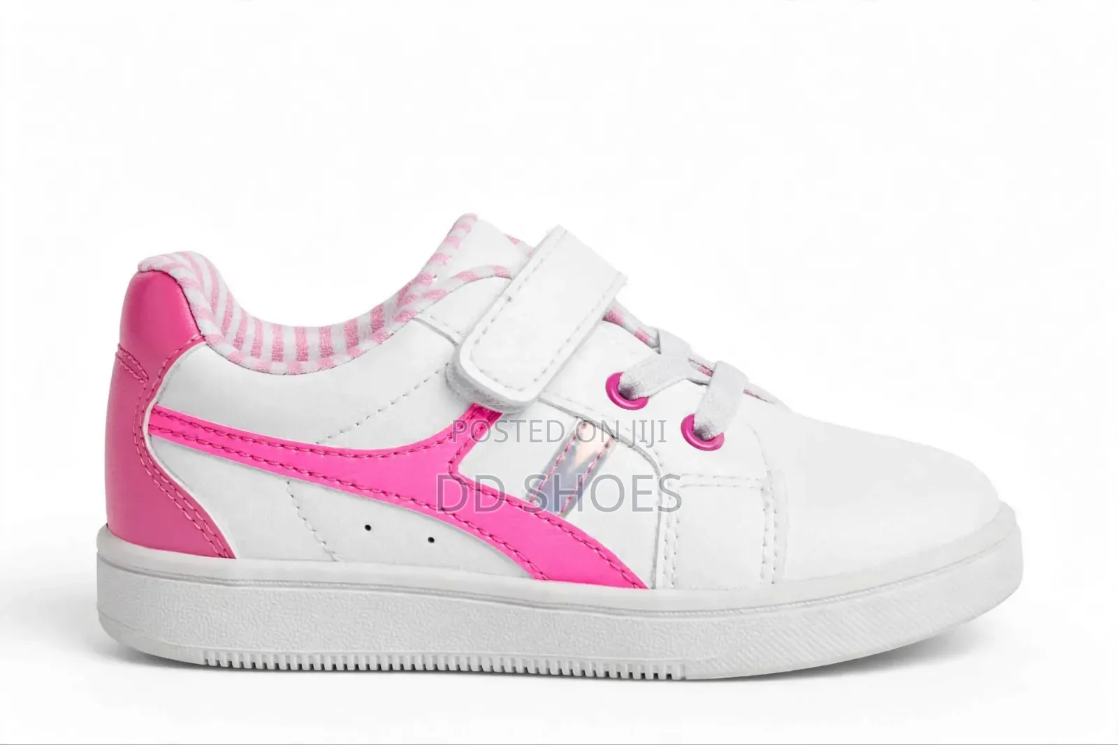 White Baby Girls Sneakers With Pink Side Stripe and Velcro
