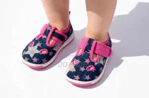 Navy Denim Star Print T-Bar Baby Shoes With Pink Velcro Strap