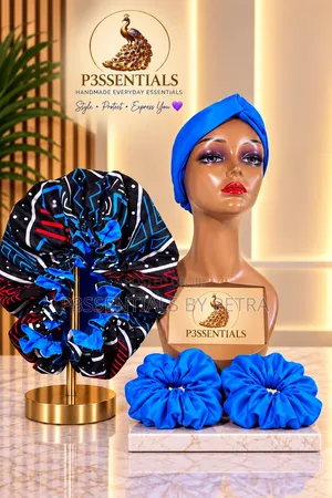 Blue Black Bonnet, Headband Scrunchies Set
