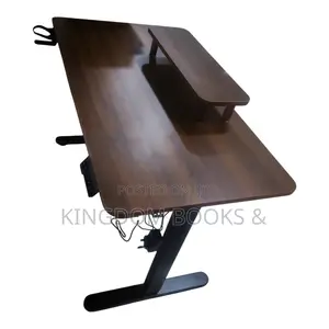 Electric Height Adjustable Desk With Monitor Riser - Dark Wood / Black