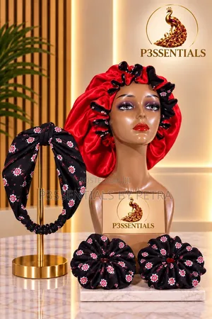 Red Black Chiffon Satin Bonnet Scrunchies Set